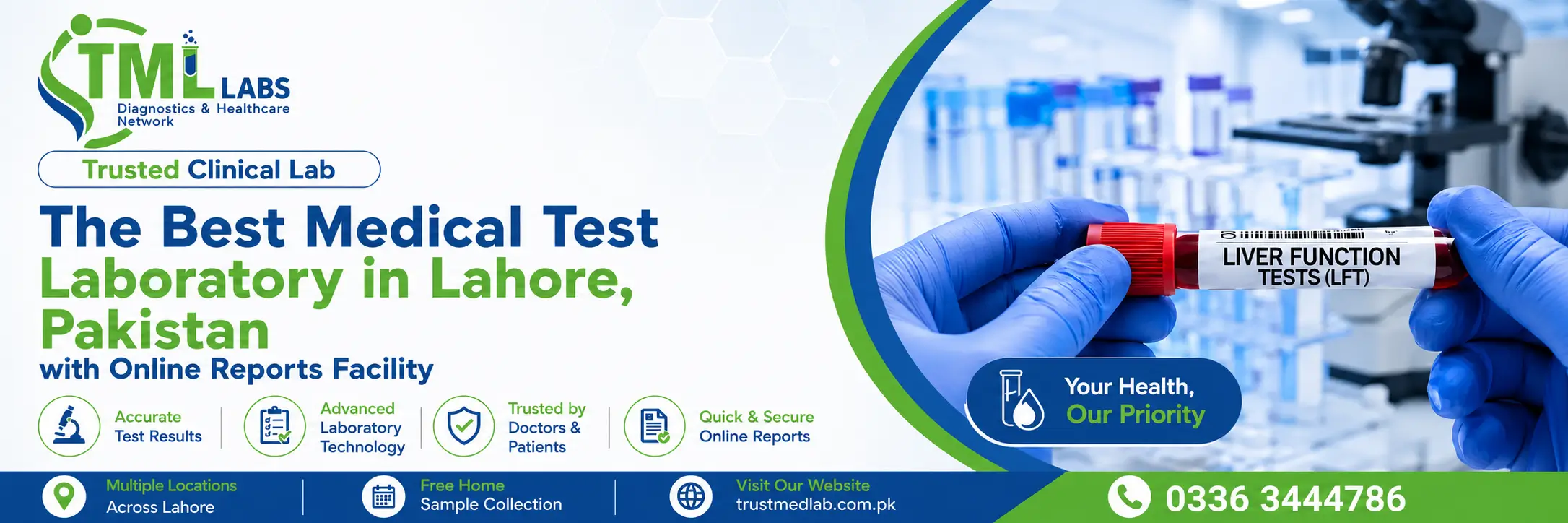 TML Labs Lahore diagnostic lab banner with LFT test, accurate results, online reports, and contact 0336 3444786