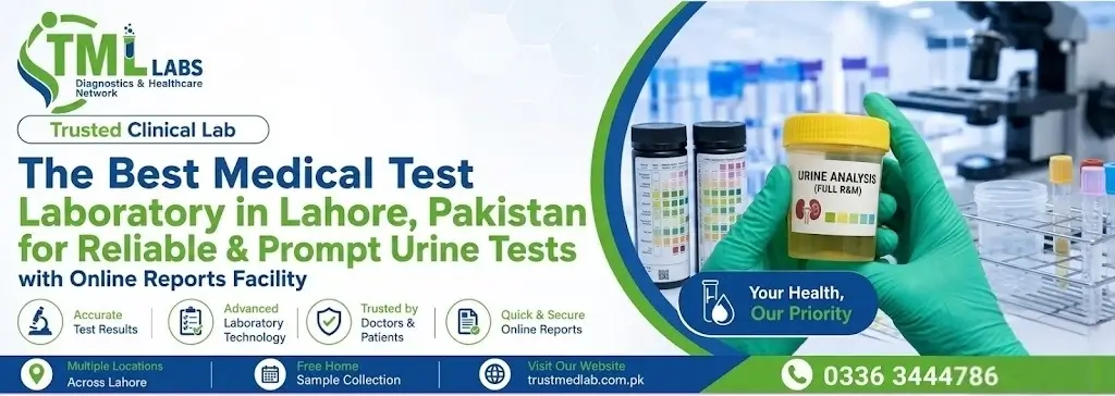 TML Labs Lahore diagnostic lab banner with LFT test, accurate results, online reports, and contact 0336 3444786